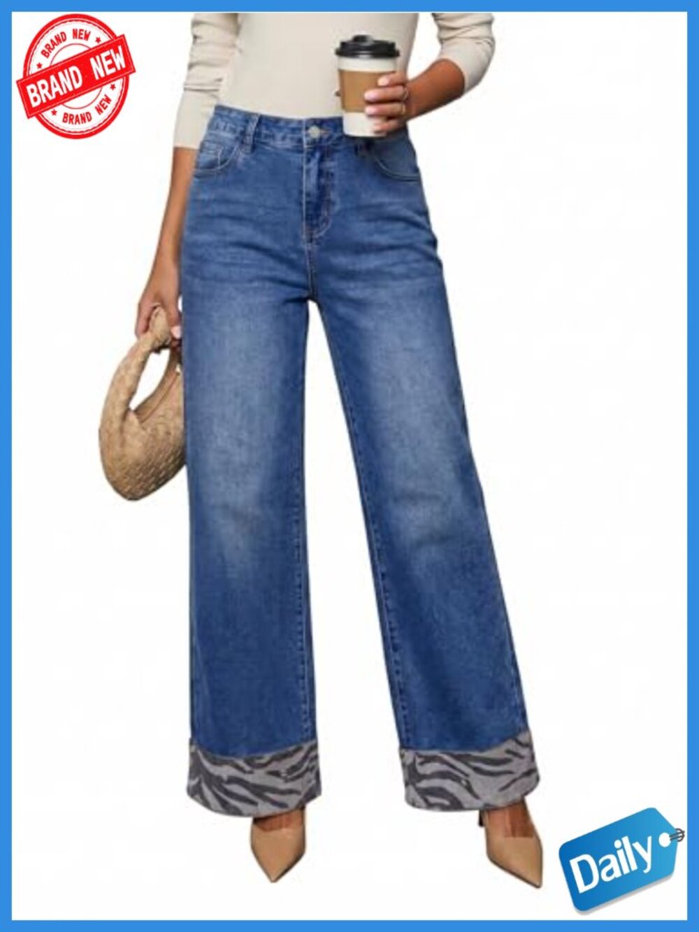 Wide Leg Jeans High Waisted Stretch Denim Pants Leopard Print Loose Fit Work